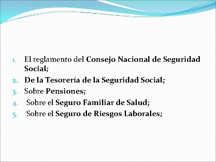 1. 2. 3. 4. 5. El reglamento del Consejo Nacional de Seguridad Social; De