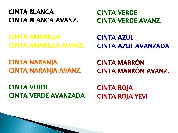 CINTA BLANCA AVANZ. CINTA VERDE AVANZ. CINTA AMARILLA AVANZ. CINTA AZUL AVANZADA CINTA NARANJA