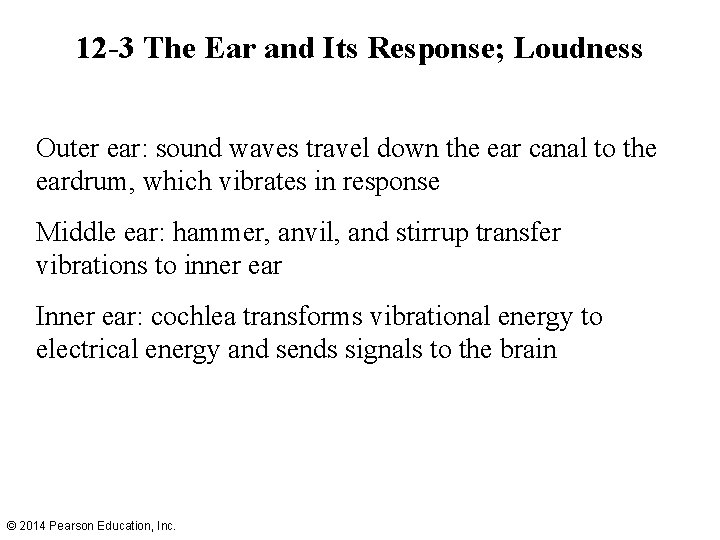 12 -3 The Ear and Its Response; Loudness Outer ear: sound waves travel down
