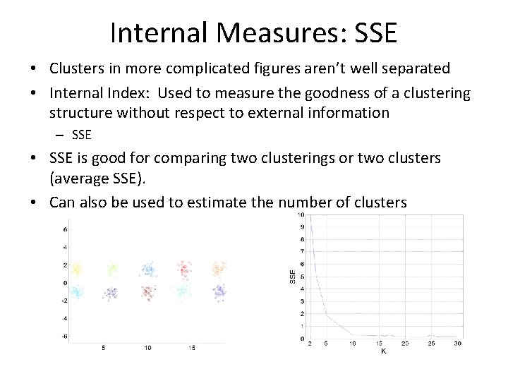 Internal Measures: SSE • Clusters in more complicated figures aren’t well separated • Internal