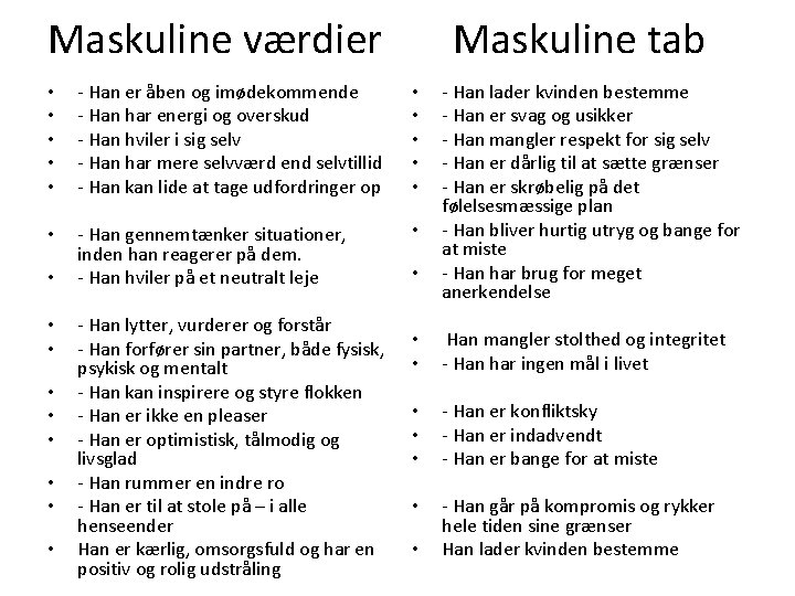 Maskuline værdier Maskuline tab • • • - Han er åben og imødekommende -