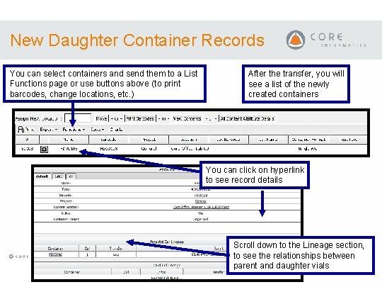 New Daughter Container Records You can select containers and send them to a List