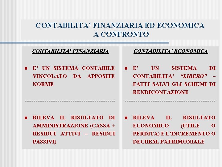 CONTABILITA’ FINANZIARIA ED ECONOMICA A CONFRONTO CONTABILITA’ FINANZIARIA n E’ UN SISTEMA CONTABILE VINCOLATO