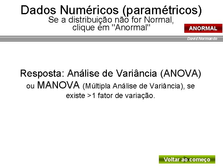 Dados Numéricos (paramétricos) Se a distribuição não for Normal, clique em "Anormal" ANORMAL David