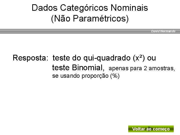 Dados Categóricos Nominais (Não Paramétricos) David Normando Resposta: teste do qui-quadrado (x²) ou teste