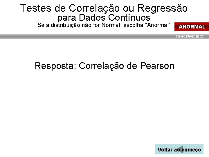 Testes de Correlação ou Regressão para Dados Contínuos Se a distribuição não for Normal,