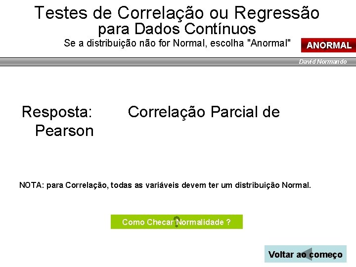 Testes de Correlação ou Regressão para Dados Contínuos Se a distribuição não for Normal,