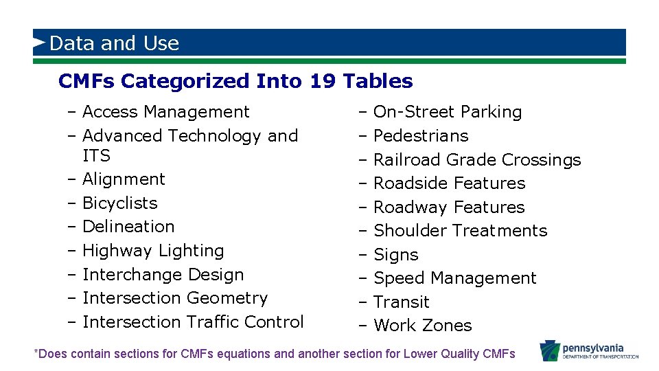 Data and Use CMFs Categorized Into 19 Tables – Access Management – Advanced Technology
