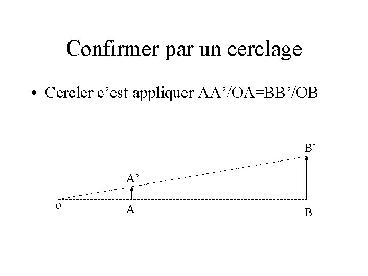 Confirmer par un cerclage • Cercler c’est appliquer AA’/OA=BB’/OB B’ A’ o A B