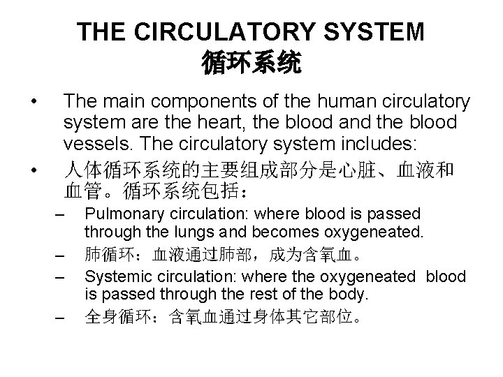 THE CIRCULATORY SYSTEM 循环系统 • • The main components of the human circulatory system THE CIRCULATORY SYSTEM 循环系统 • • The main components of the human circulatory system