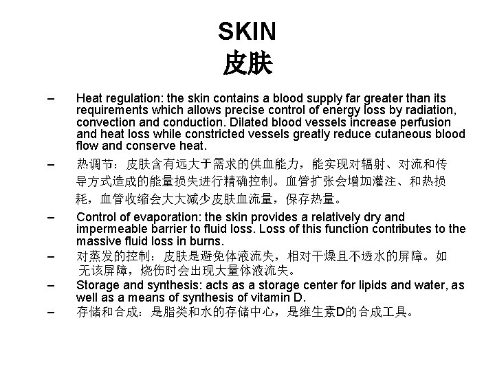 SKIN 皮肤 – – – Heat regulation: the skin contains a blood supply far SKIN 皮肤 – – – Heat regulation: the skin contains a blood supply far