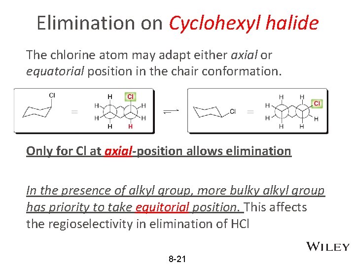 Elimination on Cyclohexyl halide The chlorine atom may adapt either axial or equatorial position