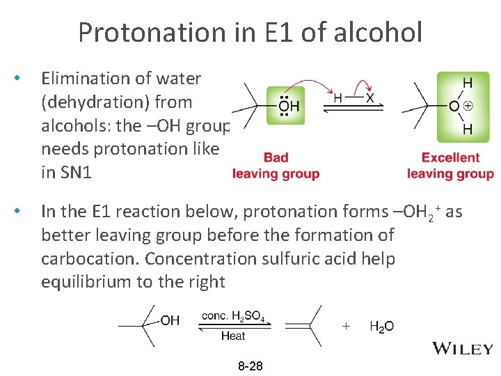 Protonation in E 1 of alcohol • Elimination of water (dehydration) from alcohols: the