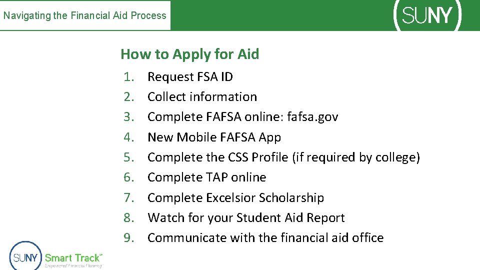 Navigating the Financial Aid Process How to Apply for Aid 1. 2. 3. 4.