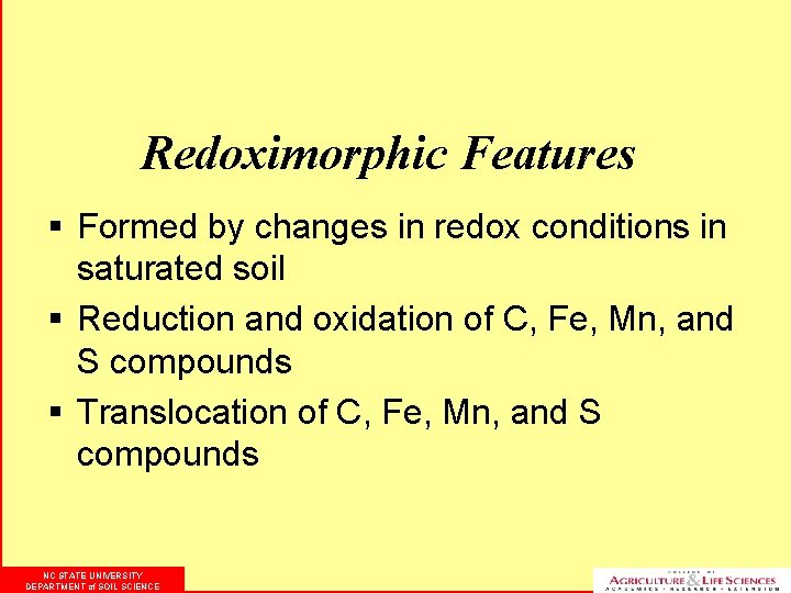 Redoximorphic Features § Formed by changes in redox conditions in saturated soil § Reduction