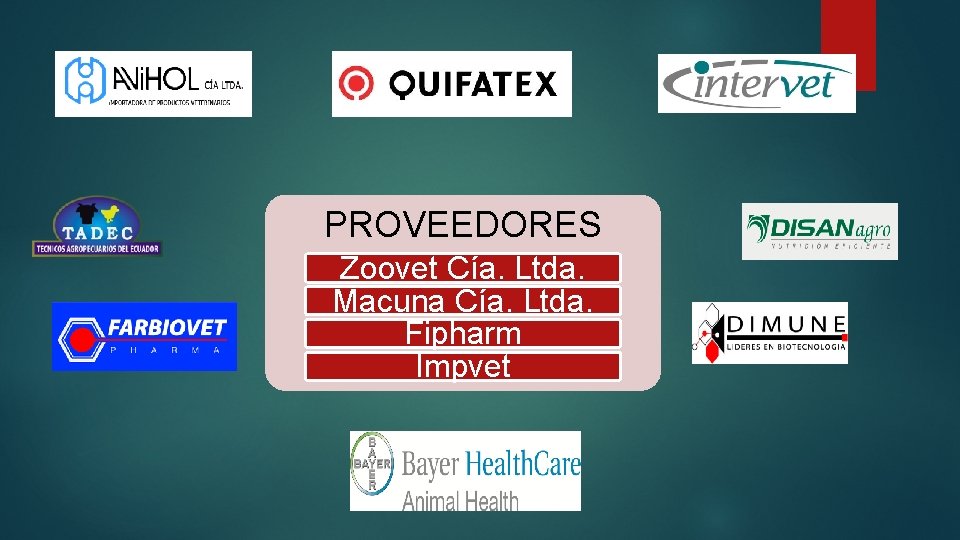 PROVEEDORES Zoovet Cía. Ltda. Macuna Cía. Ltda. Fipharm Impvet PROVEEDORES Zoovet Cía. Ltda. Macuna Cía. Ltda. Fipharm Impvet