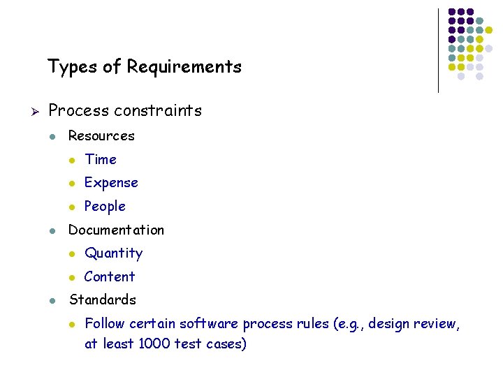 Types of Requirements Ø Process constraints l l l Resources l Time l Expense