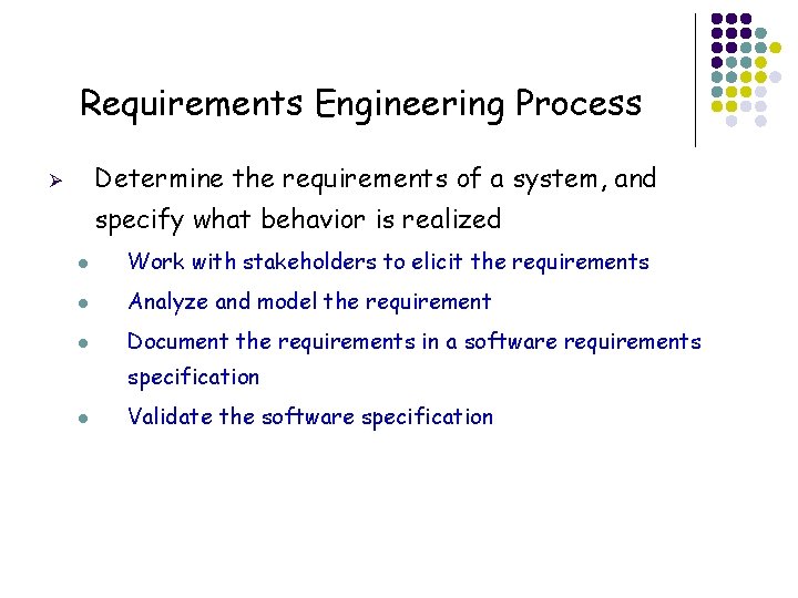 Requirements Engineering Process Determine the requirements of a system, and Ø specify what behavior