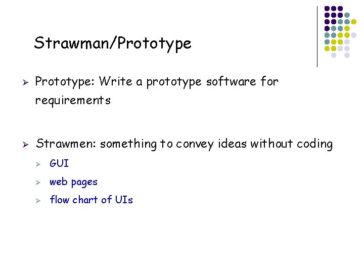 Strawman/Prototype Ø Prototype: Write a prototype software for requirements Ø 32 Strawmen: something to