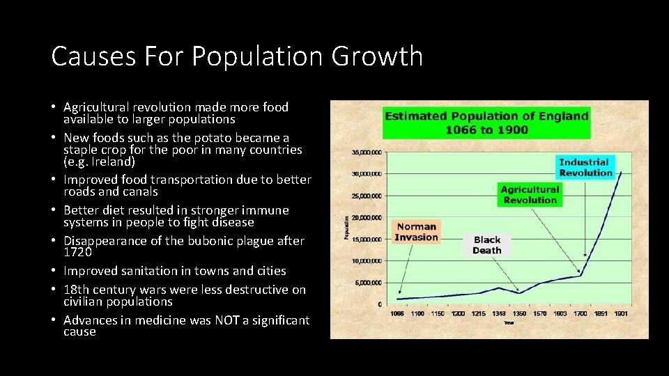 Causes For Population Growth • Agricultural revolution made more food available to larger populations