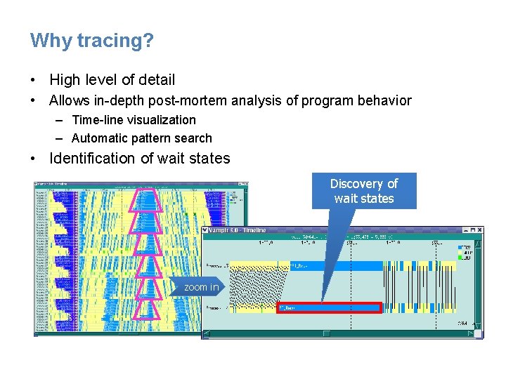 Why tracing? • High level of detail • Allows in-depth post-mortem analysis of program