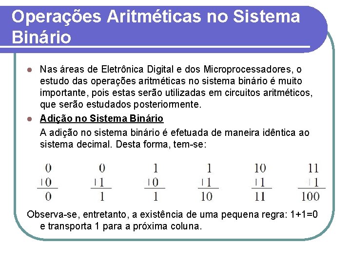 Operações Aritméticas no Sistema Binário Nas áreas de Eletrônica Digital e dos Microprocessadores, o