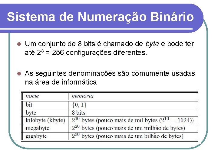 Sistema de Numeração Binário l Um conjunto de 8 bits é chamado de byte