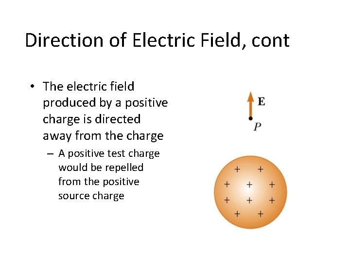 Direction of Electric Field, cont • The electric field produced by a positive charge