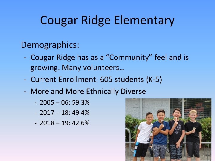 Cougar Ridge Elementary Demographics: - Cougar Ridge has as a “Community” feel and is