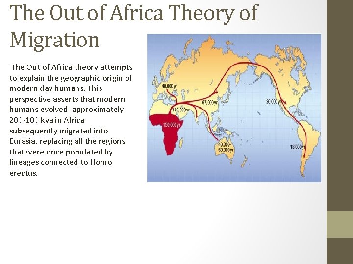 The Out of Africa Theory of Migration The Out of Africa theory attempts to