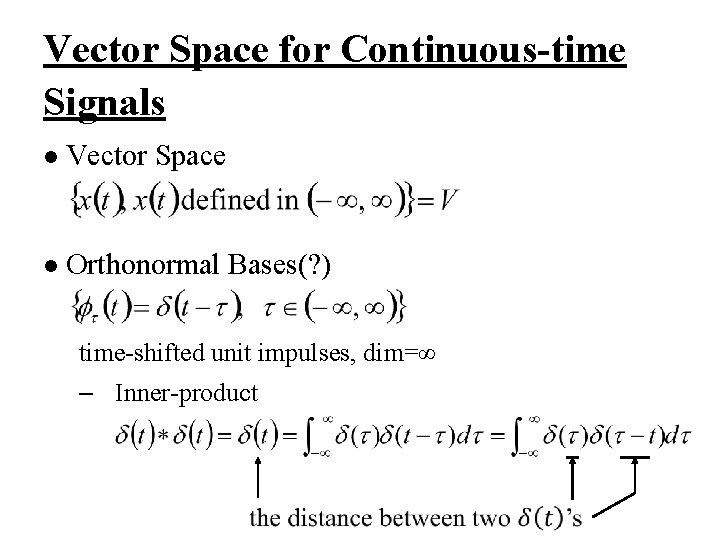 Vector Space for Continuous-time Signals l Vector Space l Orthonormal Bases(? ) time-shifted unit