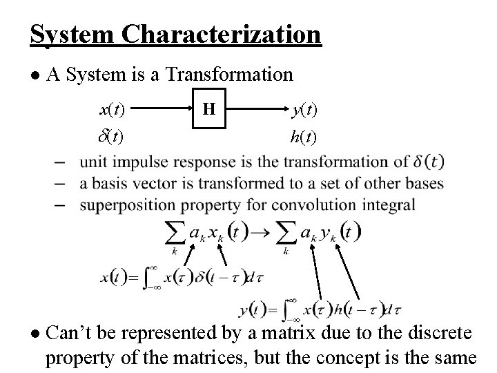 System Characterization l A System is a Transformation x(t) H y(t) h(t) l Can’t