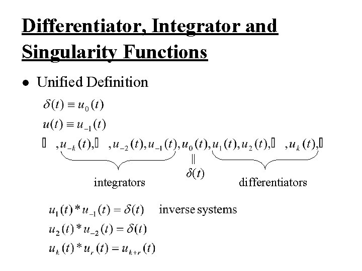 Differentiator, Integrator and Singularity Functions l Unified Definition || integrators δ(t) differentiators 