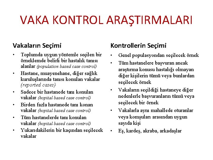 VAKA KONTROL ARAŞTIRMALARI Vakaların Seçimi Kontrollerin Seçimi • • Toplumda uygun yöntemle seçilen bir VAKA KONTROL ARAŞTIRMALARI Vakaların Seçimi Kontrollerin Seçimi • • Toplumda uygun yöntemle seçilen bir