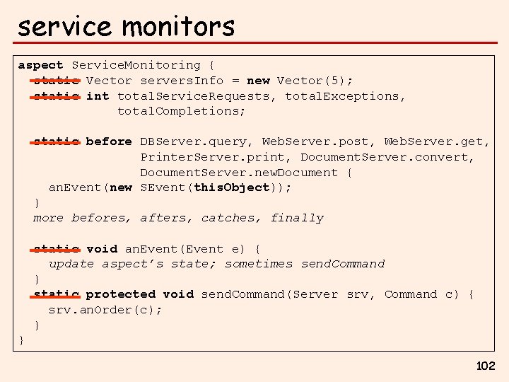 service monitors aspect Service. Monitoring { static Vector servers. Info = new Vector(5); static