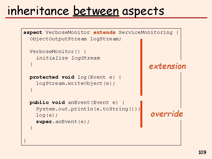 inheritance between aspects aspect Verbose. Monitor extends Service. Monitoring { Object. Output. Stream log.