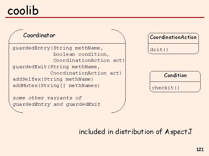 coolib Coordinator Coordination. Action guarded. Entry(String meth. Name, boolean condition, Coordination. Action act) guarded.