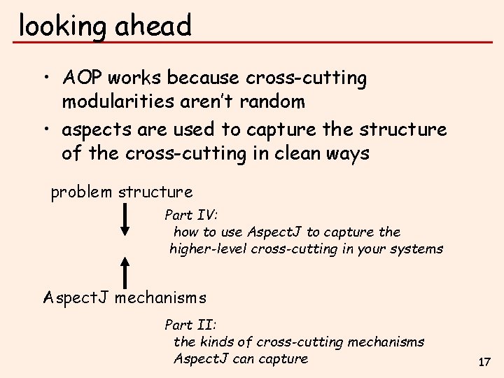 looking ahead • AOP works because cross-cutting modularities aren’t random • aspects are used