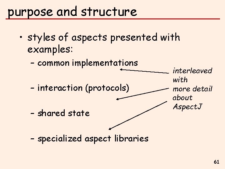 purpose and structure • styles of aspects presented with examples: – common implementations –