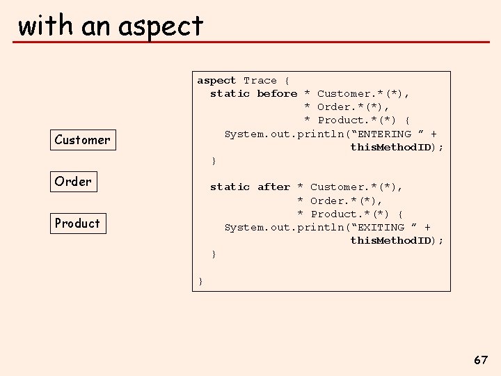 with an aspect Customer aspect Trace { static before * Customer. *(*), * Order.