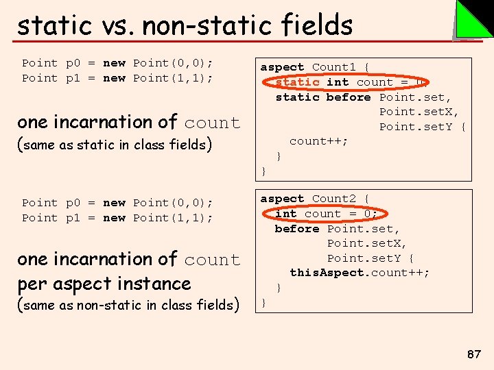 static vs. non-static fields Point p 0 = new Point(0, 0); Point p 1
