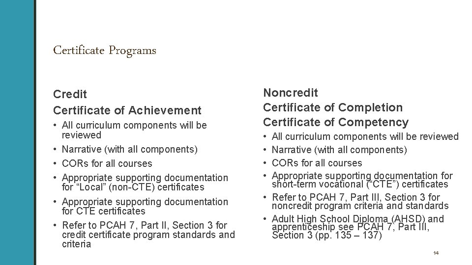 Certificate Programs Credit Certificate of Achievement • All curriculum components will be reviewed •