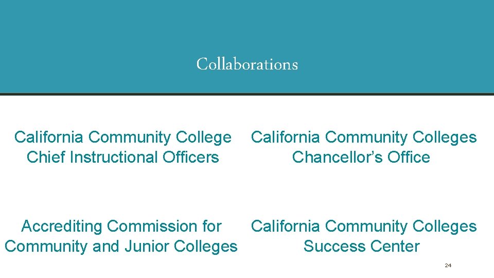 Collaborations California Community Colleges Chief Instructional Officers Chancellor’s Office Accrediting Commission for California Community