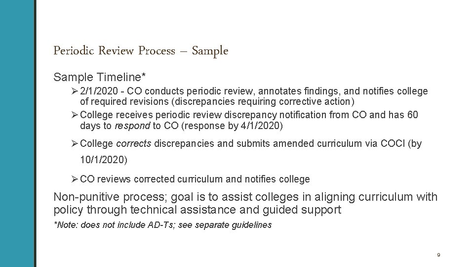 Periodic Review Process – Sample Timeline* Ø 2/1/2020 - CO conducts periodic review, annotates