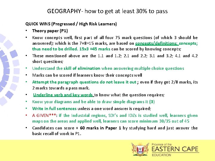  GEOGRAPHY- how to get at least 30% to pass QUICK WINS (Progressed /