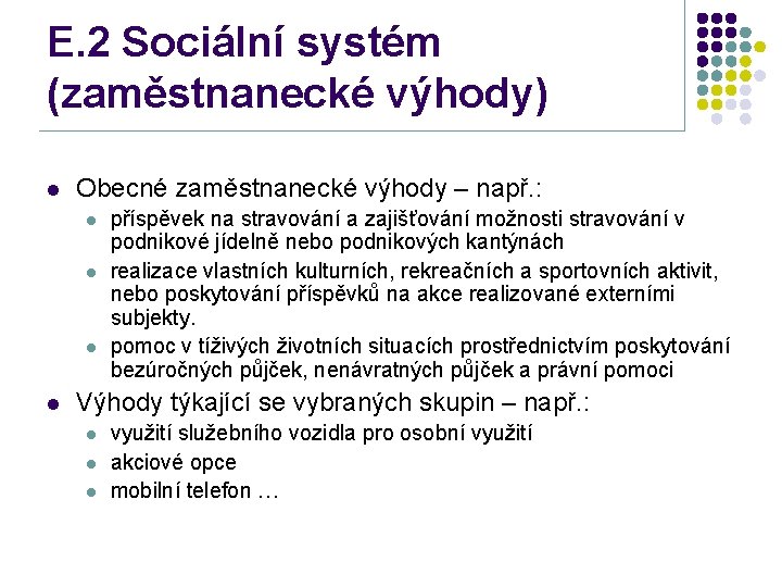 E. 2 Sociální systém (zaměstnanecké výhody) l Obecné zaměstnanecké výhody – např. : l