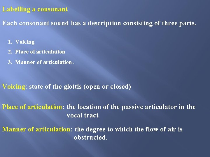 Labelling a consonant Each consonant sound has a description consisting of three parts. 1. Labelling a consonant Each consonant sound has a description consisting of three parts. 1.