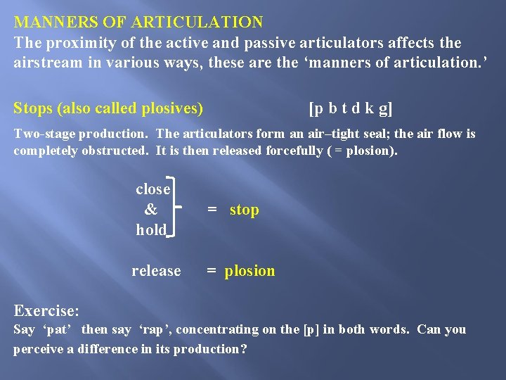 MANNERS OF ARTICULATION The proximity of the active and passive articulators affects the airstream MANNERS OF ARTICULATION The proximity of the active and passive articulators affects the airstream