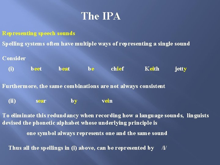 The IPA Representing speech sounds Spelling systems often have multiple ways of representing The IPA Representing speech sounds Spelling systems often have multiple ways of representing