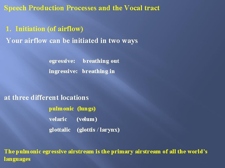 Speech Production Processes and the Vocal tract 1. Initiation (of airflow) Your airflow can Speech Production Processes and the Vocal tract 1. Initiation (of airflow) Your airflow can
